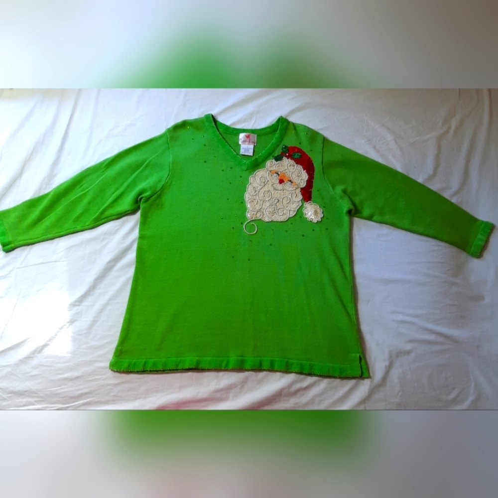 Quacker Factory Beaded & Sequins Green Santa Sweater Women's Size 1X
